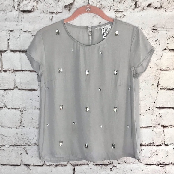 H&M DIVIDED sheer grey top with clear crystal embellishments short sleeve Size 2 - Picture 5 of 15